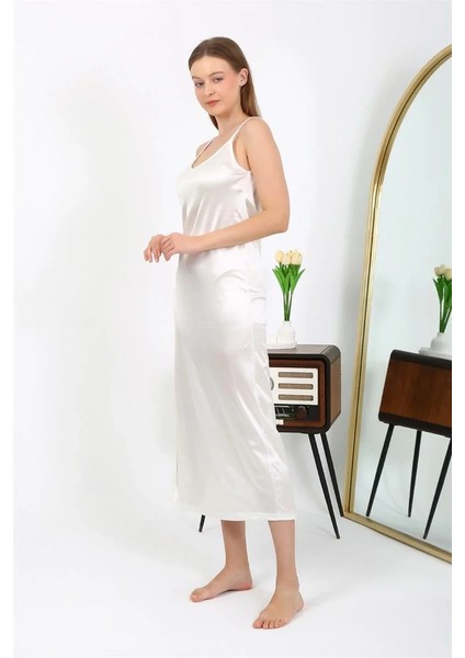 Yırtmaçlı Uzun Saten Gecelik Ekru modelleri