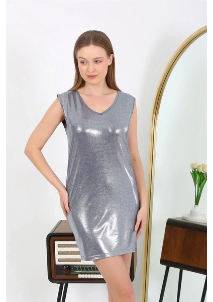 Kadın Kalın Askılı Kısa Parlak Micro Ev Elbisesi Gecelik Gri