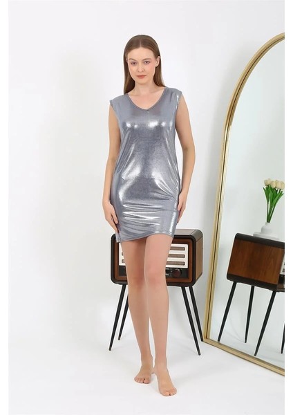 Kadın Kalın Askılı Kısa Parlak Micro Ev Elbisesi Gecelik Gri fiyatları