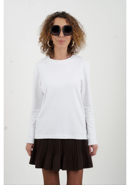 Ekru Bisiklet Yaka Uzun Kollu Penye Bluz modelleri