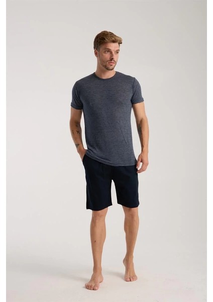 Erkek Lacivert Sıfır Yaka Kısa Kol Şortlu Pijama Takımı