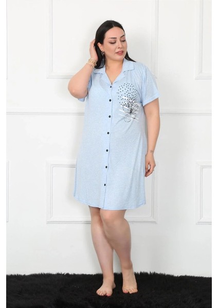 Büyük Beden Penye Düğmeli Mavi Tunik Gecelik fiyatları
