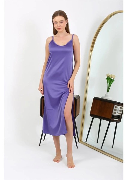 Yırtmaçlı Uzun Saten Gecelik Mor fiyatları