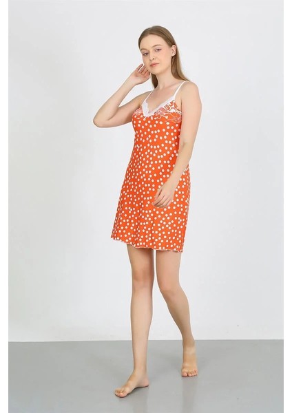 Kadın Penye Ip Askılı Beyaz Puantiyeli Gecelik Turuncu