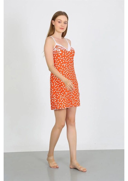 Kadın Penye Ip Askılı Beyaz Puantiyeli Gecelik Turuncu fiyatları