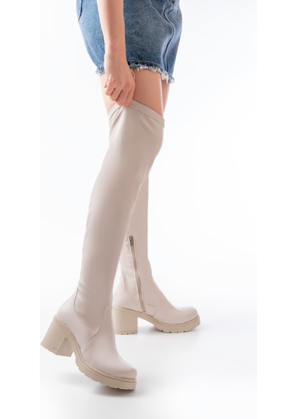 ZRİN-3010 Premium Bej Streç Günlük Kalın Topuklu Uzun Kadın Çizme