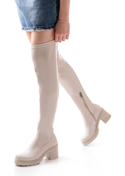 ZRİN-3010 Premium Bej Streç Günlük Kalın Topuklu Uzun Kadın Çizme fırsatları