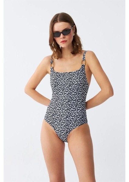 Kadın Lacivert Geometrik Desenli Aksesuar Askılı Tek Parça Mayo