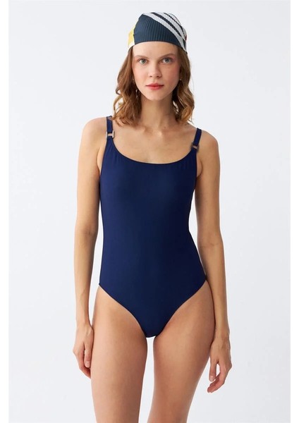 Kadın Lacivert Metal Aksesuarlı Ince Askılı Tek Parça Mayo modelleri