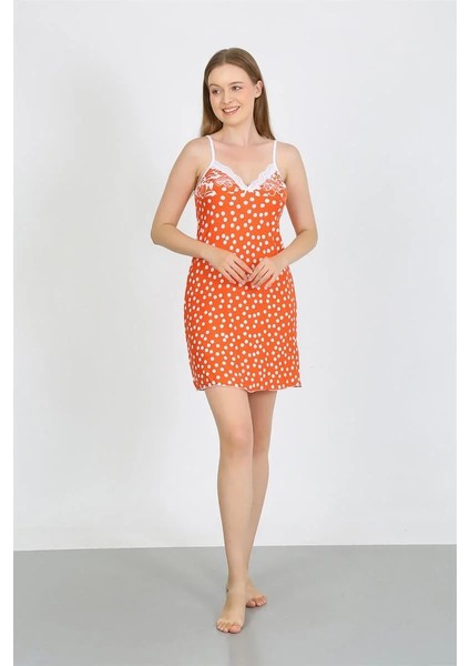 Kadın Penye Ip Askılı Beyaz Puantiyeli Gecelik Turuncu fırsatları