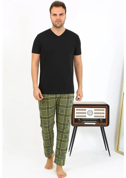 Erkek Ekoseli Desen Penye Tek Alt Pijama Haki