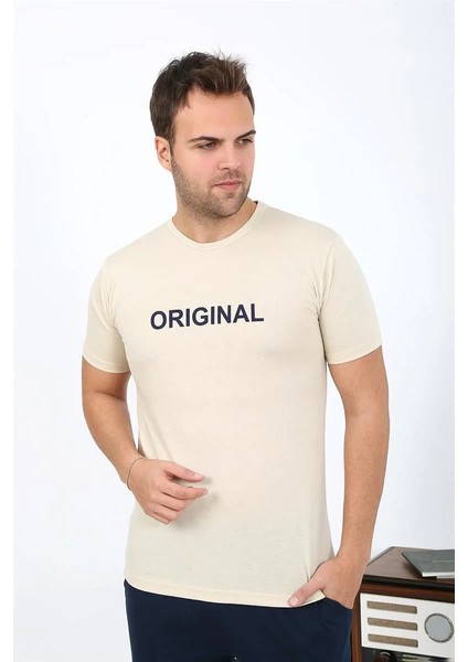 Erkek Kısa Kol Penye Pijama Takımı Krem