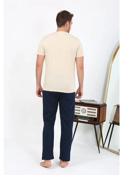 Erkek Kısa Kol Penye Pijama Takımı Krem modelleri
