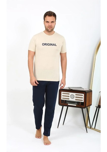 Erkek Kısa Kol Penye Pijama Takımı Krem indirimleri
