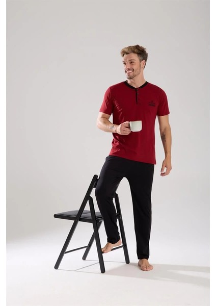 Erkek Bordo Düğmeli Yaka Kısa Kol Pijama Takımı modelleri