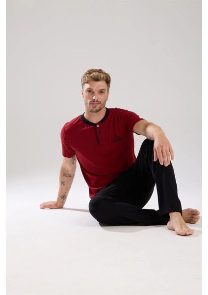 Erkek Bordo Düğmeli Yaka Kısa Kol Pijama Takımı indirimleri