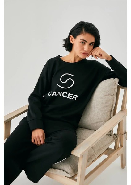 Kadın Siyah Yengeç Burcu Oversize 2 Iplik Eşofman Ev Giyim Takımı fırsatları