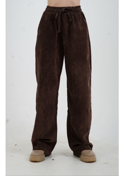 Kahve Fitilli Kadife Beli Lastikli Bol Paça Pantolon fiyatları