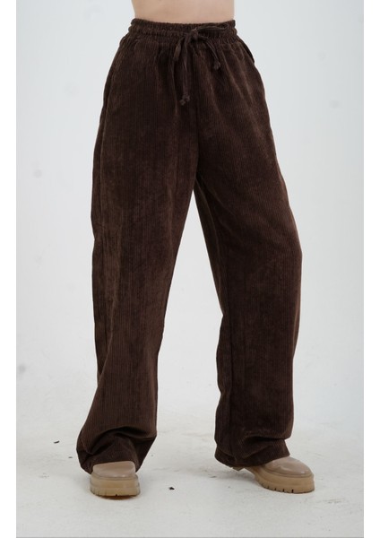 Kahve Fitilli Kadife Beli Lastikli Bol Paça Pantolon modelleri