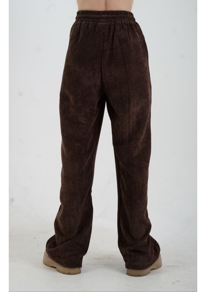 Kahve Fitilli Kadife Beli Lastikli Bol Paça Pantolon fırsatları