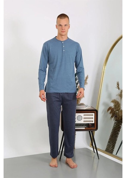 Erkek Penye Uzun Kol Pijama Takımı Indigo