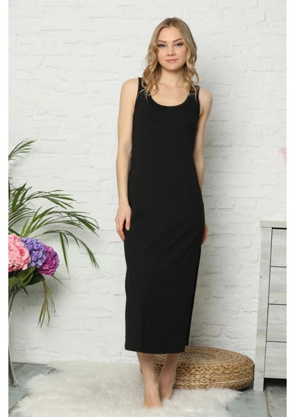 Kalın Askılı Siyah Penye Uzun Gecelik