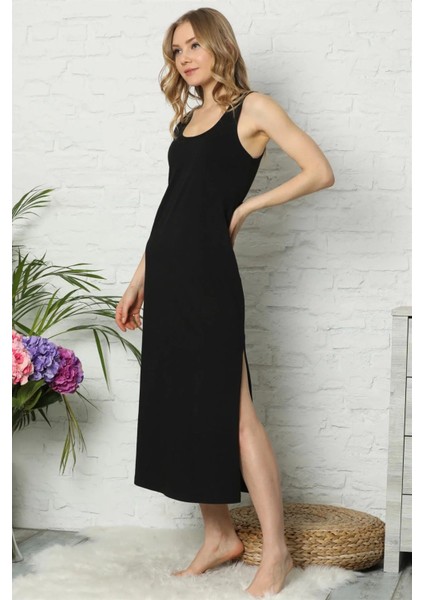 Kalın Askılı Siyah Penye Uzun Gecelik modelleri