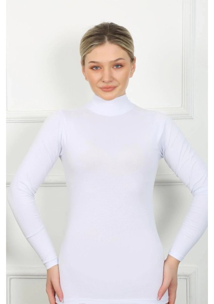 Bayan Uzun Kol Boğazlı Body Beyaz