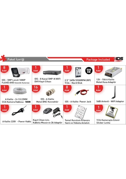 8 Kameralı 5mp Lensli 1080P Fullhd - Gece Görüşlü 9 LED Güvenlik Kamerası Seti - 500GB fiyatları