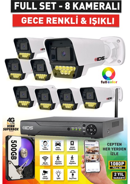 8 Kameralı 5mp Lensli 1080P Fullhd Renkli Gece Görüşlü 9 LED Güvenlik Kamerası Seti - 500GB