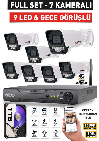 7 Kameralı 1080P Fullhd 5mp Lensli 9 LED Gece Görüşlü Güvenlik Kamerası Seti - 1tb