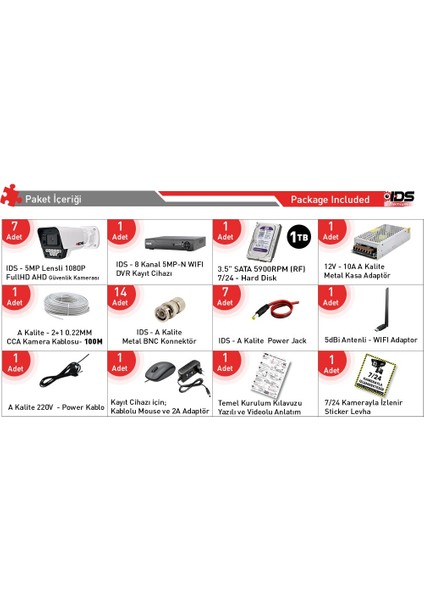 7 Kameralı 1080P Fullhd 5mp Lensli 9 LED Gece Görüşlü Güvenlik Kamerası Seti - 1tb fiyatları