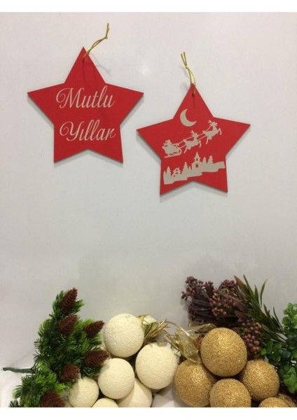 3'lü Ahşap Yılbaşı Süsü Seti, Kapı ve Oda Dekoru, Yıldız, Geyik, Noel Temalı