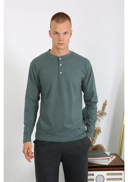 Erkek Penye Uzun Kol Pijama Takımı Haki