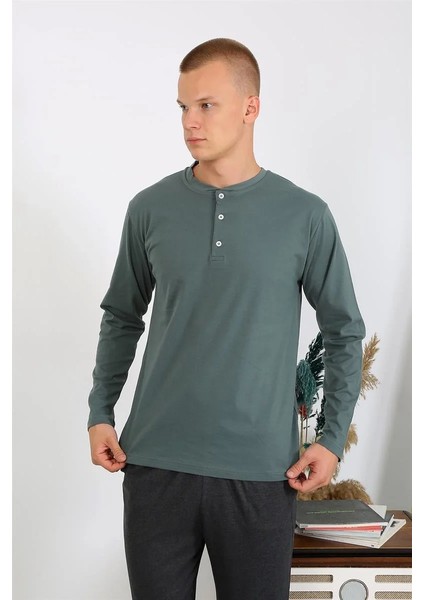 Erkek Penye Uzun Kol Pijama Takımı Haki modelleri