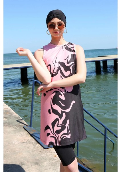 Sıfır Kol Desenli Yarım Tesettür Mayo Mor fiyatları