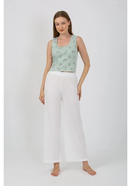 Kadın Kalın Askılı Body Bol Paça Pantolon 2`li Takım Beyaz modelleri