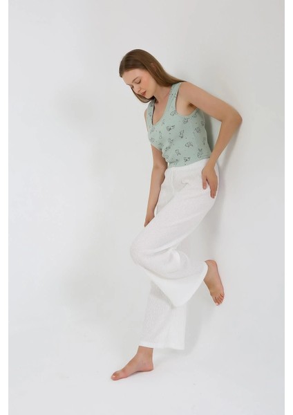 Kadın Kalın Askılı Body Bol Paça Pantolon 2`li Takım Beyaz fırsatları