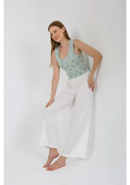 Kadın Kalın Askılı Body Bol Paça Pantolon 2`li Takım Beyaz indirimleri