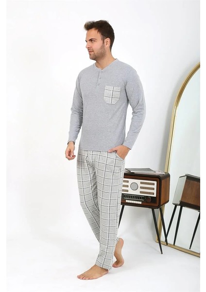 Erkek Uzun Kol Penye Gri Pijama Takımı modelleri