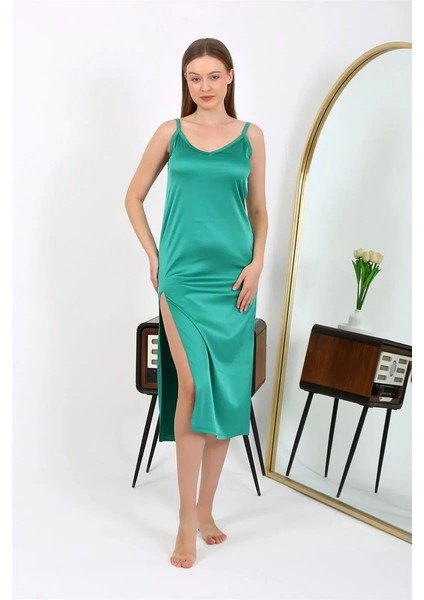 Yırtmaçlı Uzun Saten Gecelik Zümrüt indirimleri