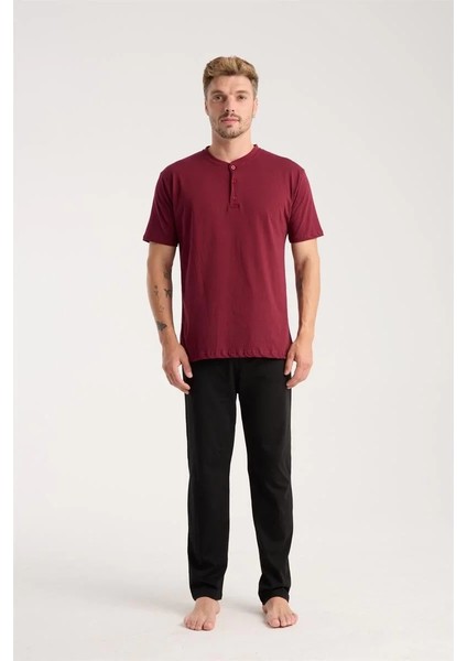 Erkek Bordo Düğmeli Yaka Kısa Kol Pijama Takımı
