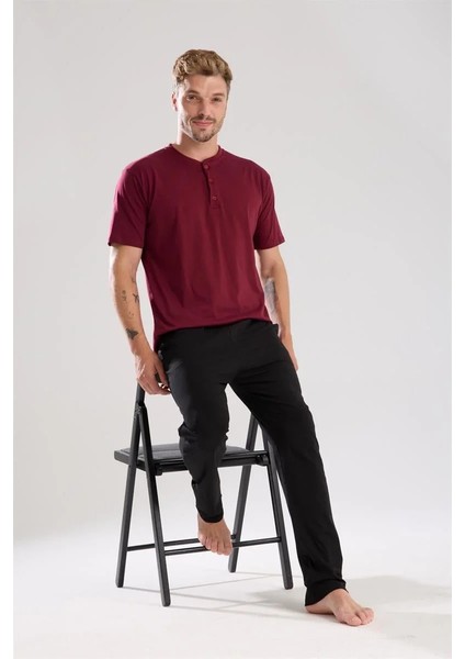 Erkek Bordo Düğmeli Yaka Kısa Kol Pijama Takımı fırsatları