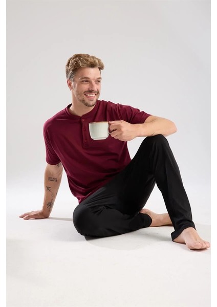 Erkek Bordo Düğmeli Yaka Kısa Kol Pijama Takımı indirimleri