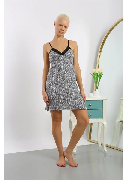 Kadın Penye Desenli Ip Askılı Gecelik