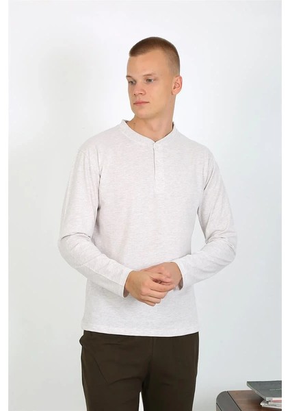 Erkek Penye Uzun Kol Pijama Takımı Ekru