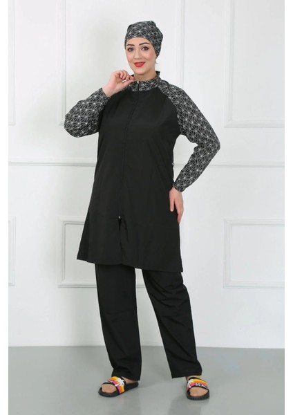 Büyük Beden Desenli Tesettür Mayo Siyah fiyatları