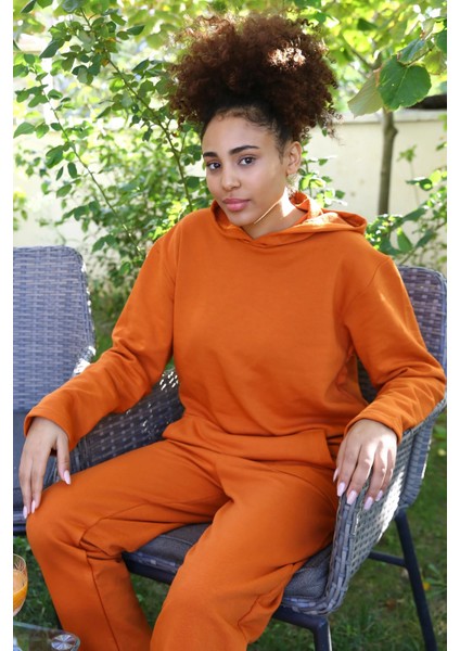 Kadın Pamuk Kapşonlu Cepli 3 Iplik Kiremit Eşofman Takım