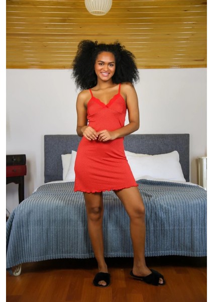 Ip Askılı Penye Gecelik Kırmızı