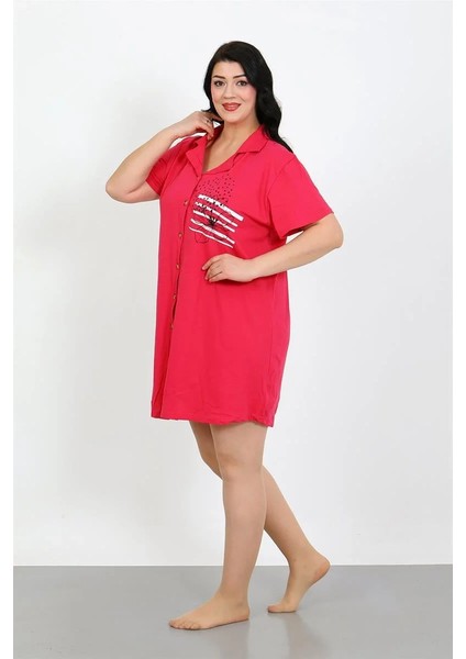 Büyük Beden Penye Düğmeli Fuşya Tunik Gecelik fırsatları
